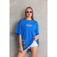 Gelirr Unisex Bisiklet Yaka Baskılı Oversize T-Shirt - Mavi