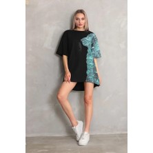 Gelirr Unisex Bisiklet Yaka Baskılı Oversize T-Shirt - Siyah