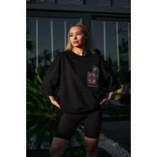 Gelirr Unisex Bisiklet Yaka Baskılı Oversize T-Shirt - Siyah