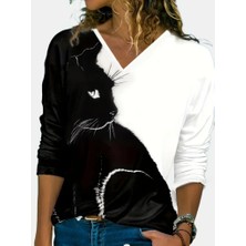 Gelirr Kadın Uzun Kollu V Yakalı Kedi Baskılı Şardonlu Dalgıç Bluz