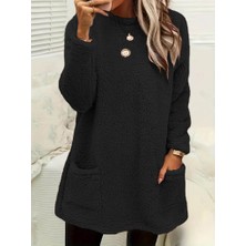 Gelirr Kadın Uzun Kollu Yuvarlak Yakalı Cepli Peluş Bluz