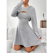 Gelirr Kadın Uzun Kollu Kapüşonlu Ceket Üst ve Askısız Kare Yaka A Kesim Şardonlu Kaşkorse Elbise