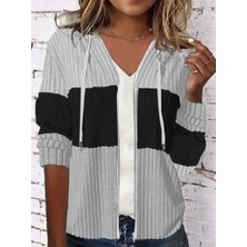 Gelirr Kadın Uzun Kollu Kapşonlu Önden Fermuarlı Blok Desenli Şardonlu Kaşkorse Ceket