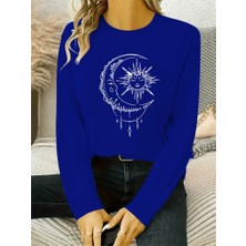 Gelirr Kadın Uzun Kollu Bisiklet Yaka Ay Baskılı Viskon Bluz