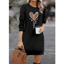 Gelirr Kadın Uzun Kollu Bisiklet Yaka Kalp Desenli Kısa Viskon Elbise