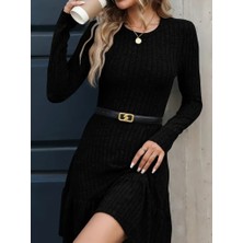 Gelirr Kadın Uzun Kollu Bisiklet Yaka Kemersiz Eteği Pileli Şardonlu Kaşkorse Elbise