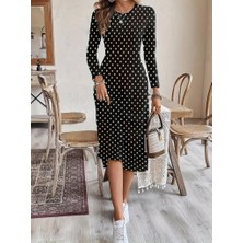 Gelirr Kadın Uzun Kollu Bisiklet Yaka Puantiyeli Örme Krep Midi Elbise