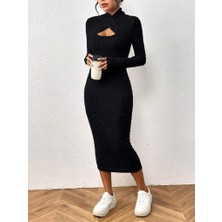 Gelirr Kadın Uzun Kollu Göğüs Pencere Detaylı Çapraz Yaka Detaylı Şardonlu Kaşkorse Midi Elbise