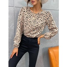 Gelirr Kadın Uzun Kollu Bisiklet Yaka Desenli Bluz