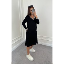 Gelirr Kadın Uzun Kollu V Yakalı Şerit Detaylı Cepli Midi Viskon Iki Iplik Elbise