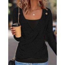 Gelirr Kadın Uzun Kollu V Yaka Düğme Detaylı Yumoş Bluz