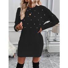 Gelirr Kadın Uzun Kollu Bisiklet Yaka Desenli Triko Elbise