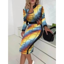 Gelirr Kadın Uzun Kollu Askılı Yuvarlak Yaka Desenli Dalgıç Bluz Ceket ve Etek Üçlü Takım