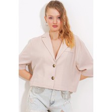 Gelirr Krem Çift Düğmeli Oversize Crop Keten Ceket 0706