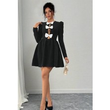 Gelirr Kadın Dalgıç Kumaş Fiyonk Detaylı Uzun Kollu Mini Boy Elbise