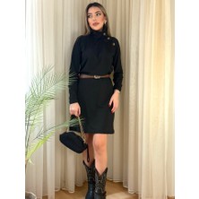 Gelirr Kadın Uzun Kollu Balıkçı Yaka Düğme Detaylı Kısa Şardonlu Dalgıç Elbise