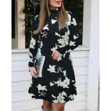 Gelirr Kadın Balıkçı Yaka Uzun Kollu Çiçek Desenli Krep Elbise