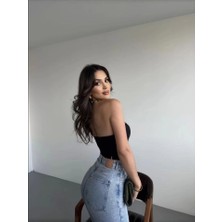 Gelirr Sandy Asimetrik Büzgülü Straplez Bluz - Siyah