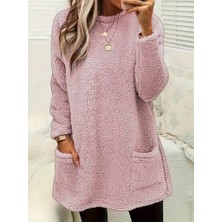 Gelirr Kadın Uzun Kollu Yuvarlak Yakalı Cepli Peluş Bluz