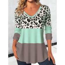Gelirr Kadın Uzun Kollu V Yakalı Leopar Baskılı Şardonlu Dalgıç Bluz