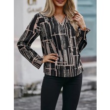 Gelirr Kadın Uzun Kollu V Yakalı Desenli Dalgıç Bluz