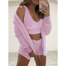 Gelirr Kadın Askılı Peluş Bluz,şort ve Ceket Üçlü Takım