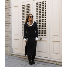 Gelirr Kadın V Yaka Şerit Detaylı Çift Yırtmaçlı Elbise