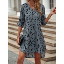 Gelirr Kadın Uzun Kollu V Yakalı Desenli Kısa Keten Elbise