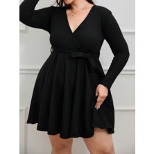 Gelirr Kadın Uzun Kollu Kruvaze Yaka Kuşak Detay Salaş Şardonlu Kaşkorse Mini Elbise