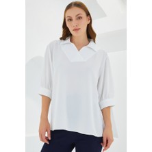 Gelirr Beyaz Gömlek Yaka Saten Bluz 0493