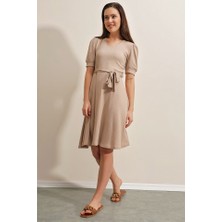 Gelirr 2370 Kuşaklı Örme Elbise - Bej
