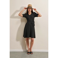 Gelirr 2370 Kuşaklı Örme Elbise - Siyah