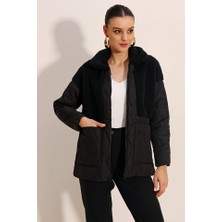 Gelirr 5182 Peluş Detaylı Oversize Şişme Mont - Siyah