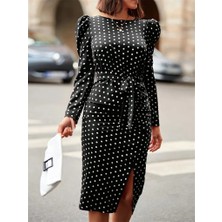 Gelirr Kadın Uzun Kollu Yuvarlak Yaka Belden Kuşaklı Önden Yırtmaçlı Örme Krep Elbise