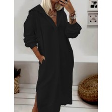 Gelirr Kadın Uzun Kollu Kapüşonlu Yakası Açık Modal Elbise