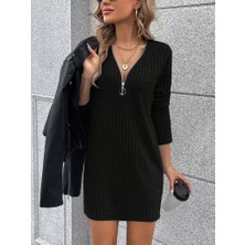 Gelirr Kadın Uzun Kollu Yakadan Fermuarlı Kısa Şardonlu Kaşkorse Elbise