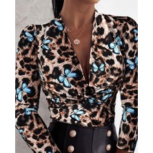 Gelirr Kadın Uzun Kollu Kruvaze Yakalı Kelebek Desenli Şardonlu Dalgıç Bluz