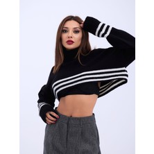 Gelirr 43241 Triko Çizgili Balıkçı Crop-Siyah-Ekru