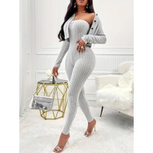 Gelirr Kadın Uzun Kollu Şardonlu Kaşkorse Straplez ile Kısa Önden Düğmeli Ceket Ikili Takım