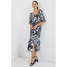 Gelirr 2512 Desenli Yırtmaçlı Elbise - Siyah