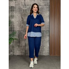 Gelirr Kadın Modal Kumaş Çizgili Gömlek Yaka Ikili Takım