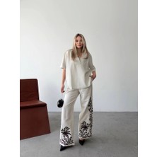 Gelirr Keten Kısa Kolu V Yaka Bluz Pantolon Ikili Takım- Beyaz