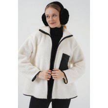 Gelirr 55446 Fermuarlı Oversize Peluş Ceket Mont - D. Siyah