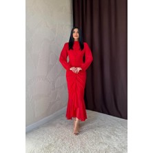 Gelirr Kırmızı Önü Büzgülü Şifon Elbise