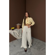 Gelirr Bej Paçası Fırfırlı Keten Pantolon