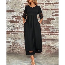 Gelirr Kadın Kısa Kollu Bisiklet Yaka Tül Detaylı Janjan Krep Maksi Elbise