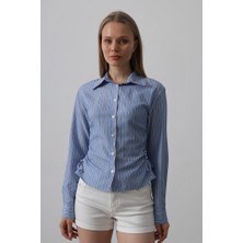 Gelirr Yanları Büzgülü Çizgili Gömlek - Indigo - Beyaz