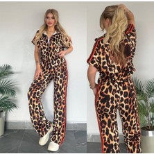 Gelirr Kadın Dalgıç Kumaş Dijital Leopar Baskılı Şerit Detaylı Takım