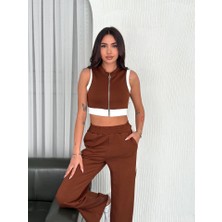 Gelirr Osy Modal Yumuşak Dokulu Kumaş Tam Fermuarlı Crop Pantalon Ikili Takım - Kahverengi