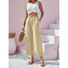 Gelirr Kadın Bel Büzgü ve Düğme Detay Kapri Keten Pantolon